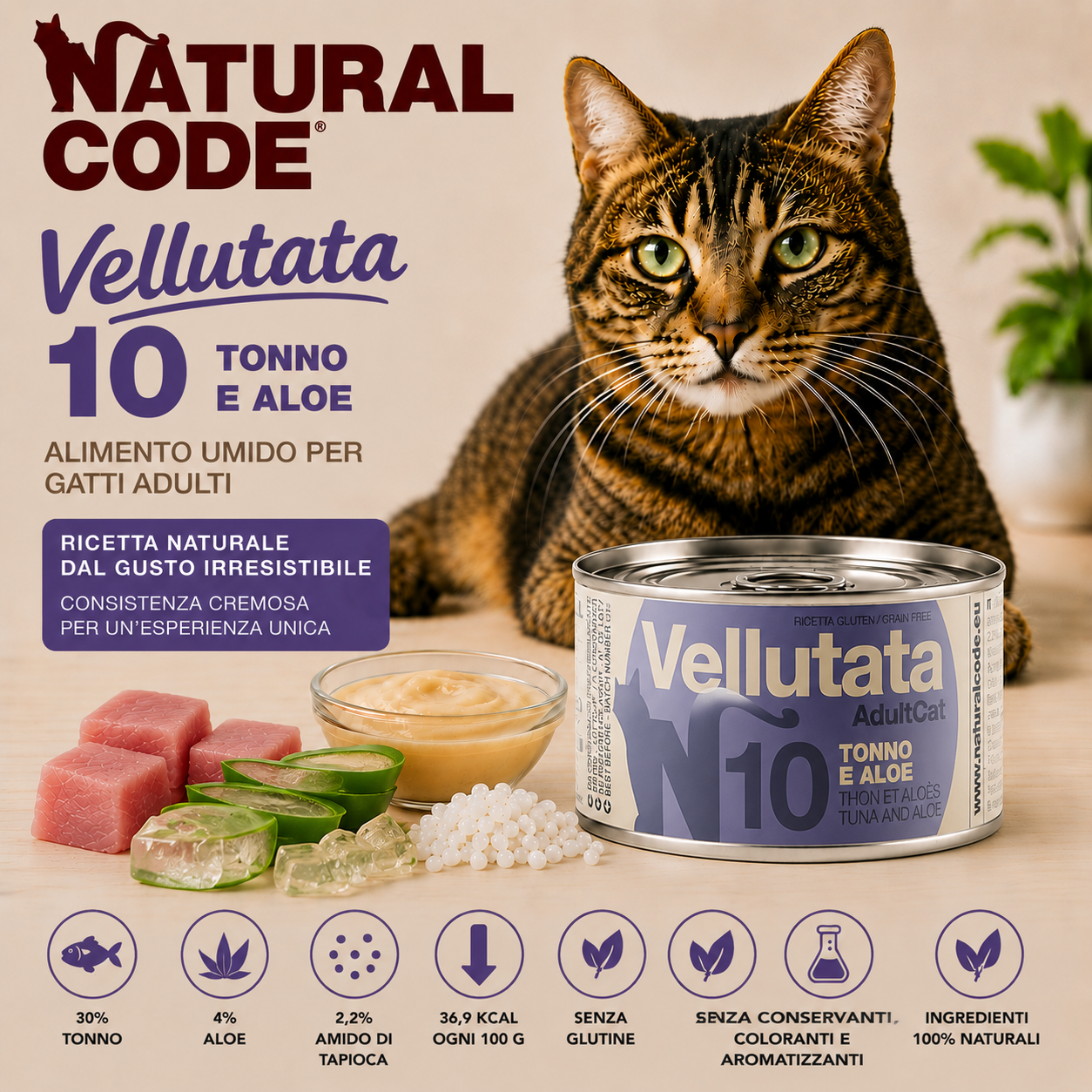 Natural Code 10 Vellutata Tonno e Aloe 85 g alimento umido complementare naturale per gatti adulti senza glutine con tonno e aloe