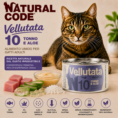 Natural Code 10 Vellutata Tonno e Aloe 85 g alimento umido complementare naturale per gatti adulti senza glutine con tonno e aloe
