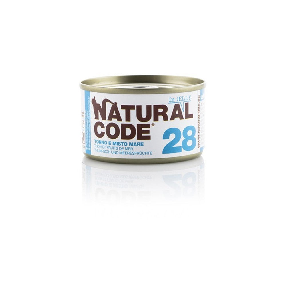 Scatoletta di alimento umido per gatti con tonno e misto mare Natural Code da 85 g