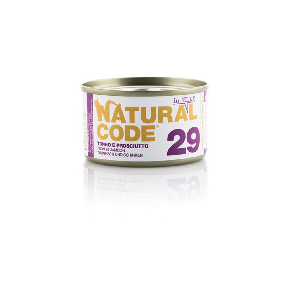 Scatoletta alimento umido per gatti con tonno e prosciutto Natural Code da 85 g