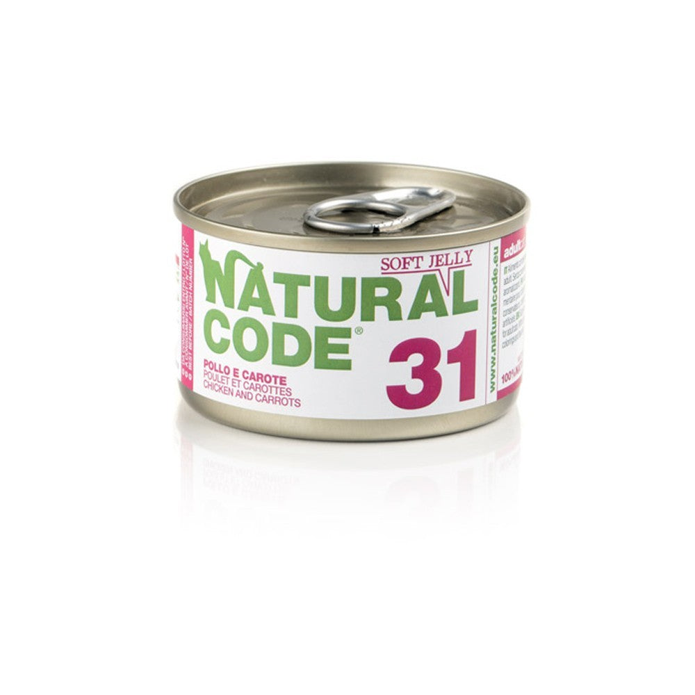 Scatoletta di alimento umido per gatti pollo e carote Natural Code da 85 g