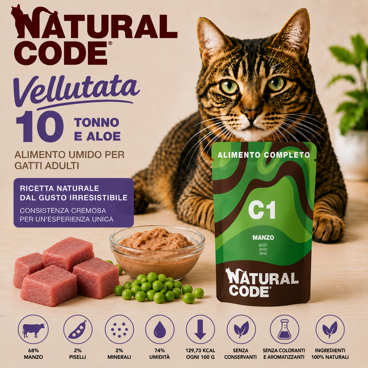 Natural Code C01 Manzo alimento umido completo per gatti adulti 70 g con 68% di manzo e piselli naturali