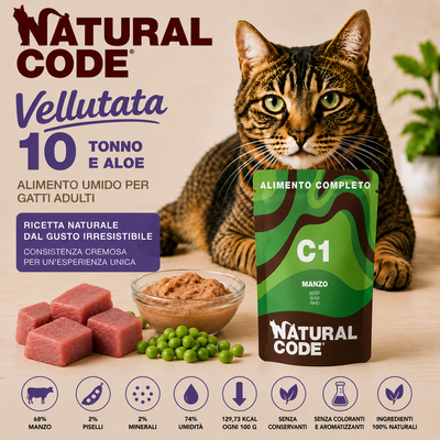 Natural Code C01 Manzo alimento umido completo per gatti adulti 70 g con 68% di manzo e piselli naturali