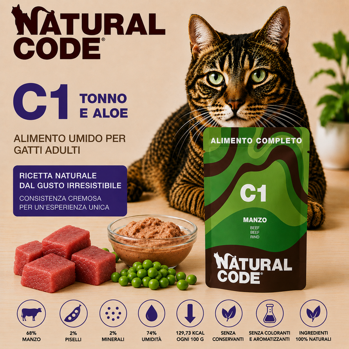 Natural Code C01 Manzo alimento umido completo per gatti adulti 70 g con 68% di manzo e piselli naturali