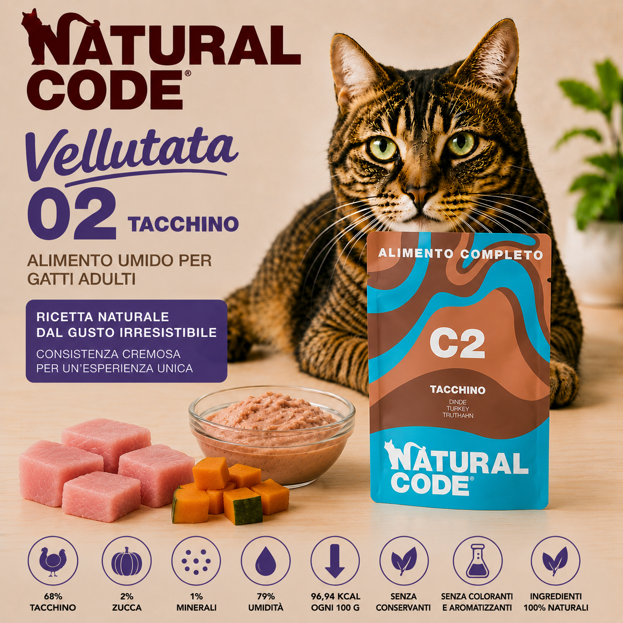 Natural Code C02 Tacchino alimento umido completo per gatti adulti 70 g con 68% di tacchino e zucca naturale