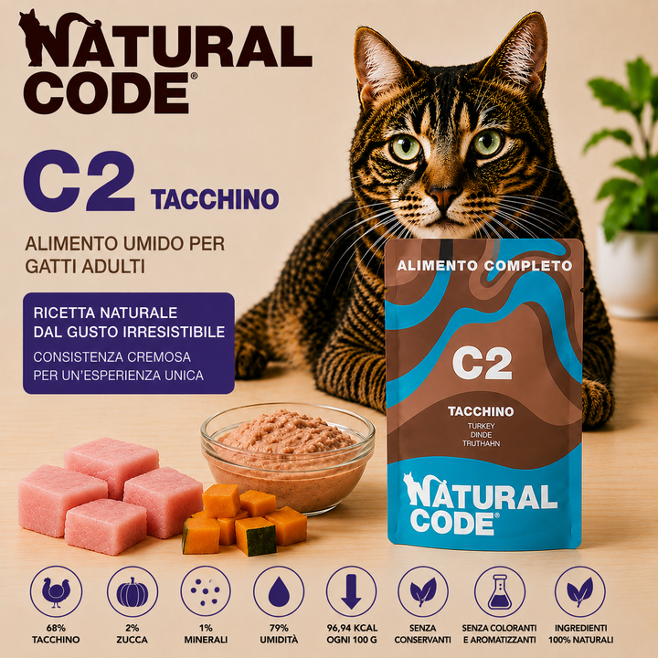 Natural Code C02 Tacchino alimento umido completo per gatti adulti 70 g con 68% di tacchino e zucca naturale