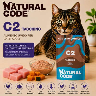 Natural Code C02 Tacchino alimento umido completo per gatti adulti 70 g con 68% di tacchino e zucca naturale
