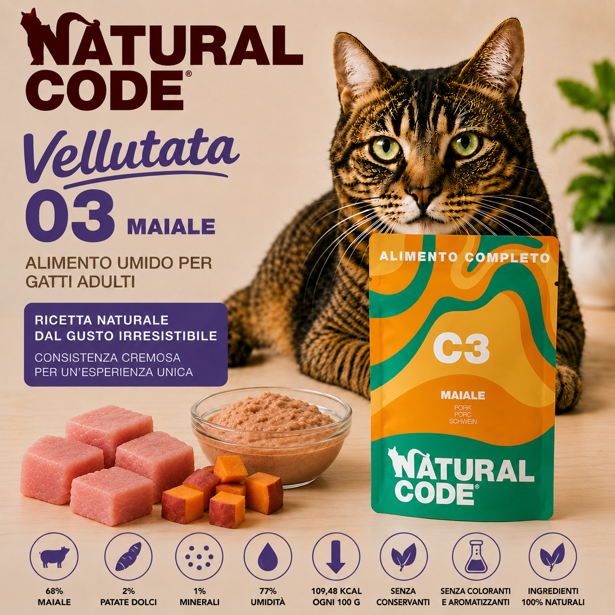 Natural Code C03 Maiale alimento umido completo per gatti adulti 70 g con 68% di maiale e patate dolci naturali