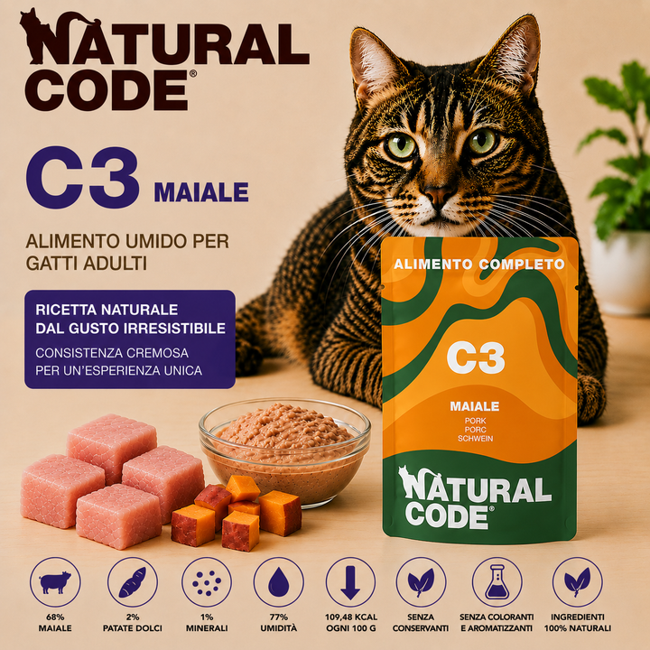 Natural Code C03 Maiale alimento umido completo per gatti adulti 70 g con 68% di maiale e patate dolci naturali