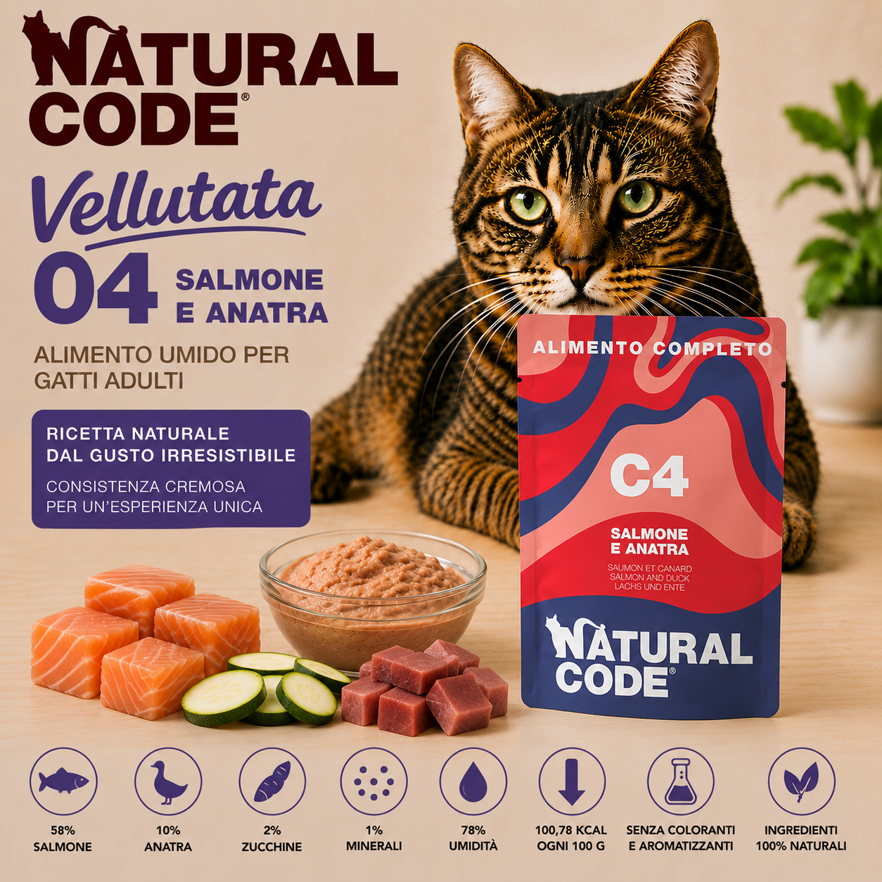 Natural Code C04 Salmone e Anatra alimento umido completo per gatti adulti bustina da 70 g con salmone, anatra e zucchine disponibile su Partenopet.