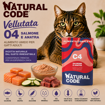 Natural Code C04 Salmone e Anatra alimento umido completo per gatti adulti bustina da 70 g con salmone, anatra e zucchine disponibile su Partenopet.