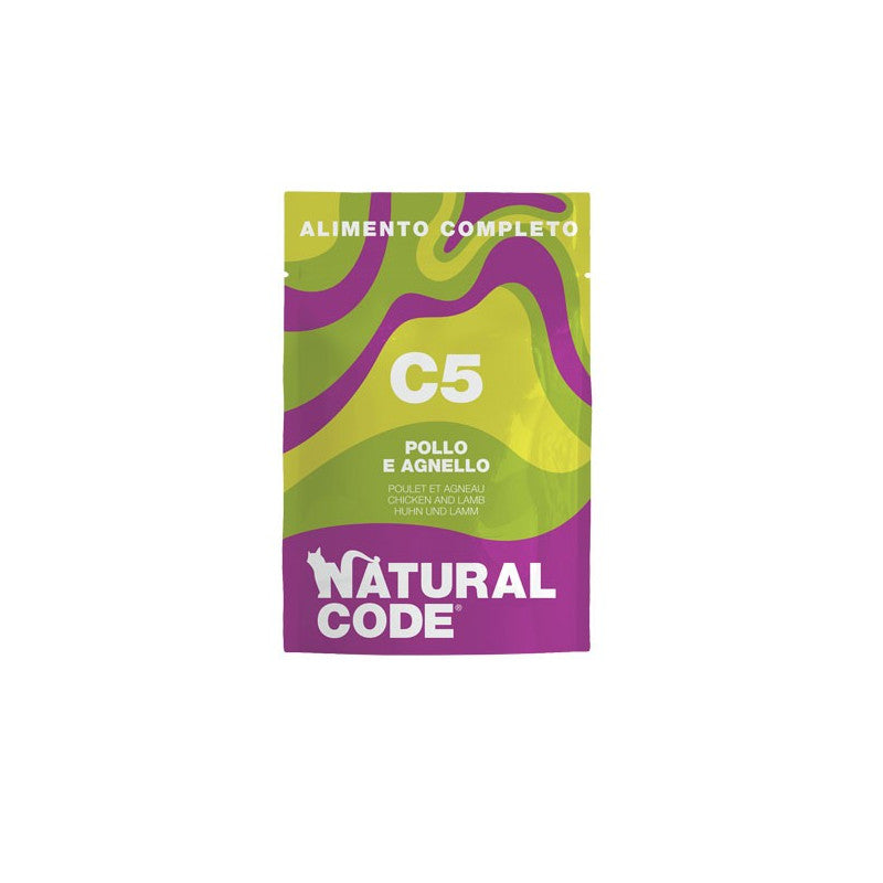 Natural Code C05 Pollo e Agnello alimento umido completo per gatti adulti bustina da 70 g con pollo, agnello e zucca disponibile su Partenopet.