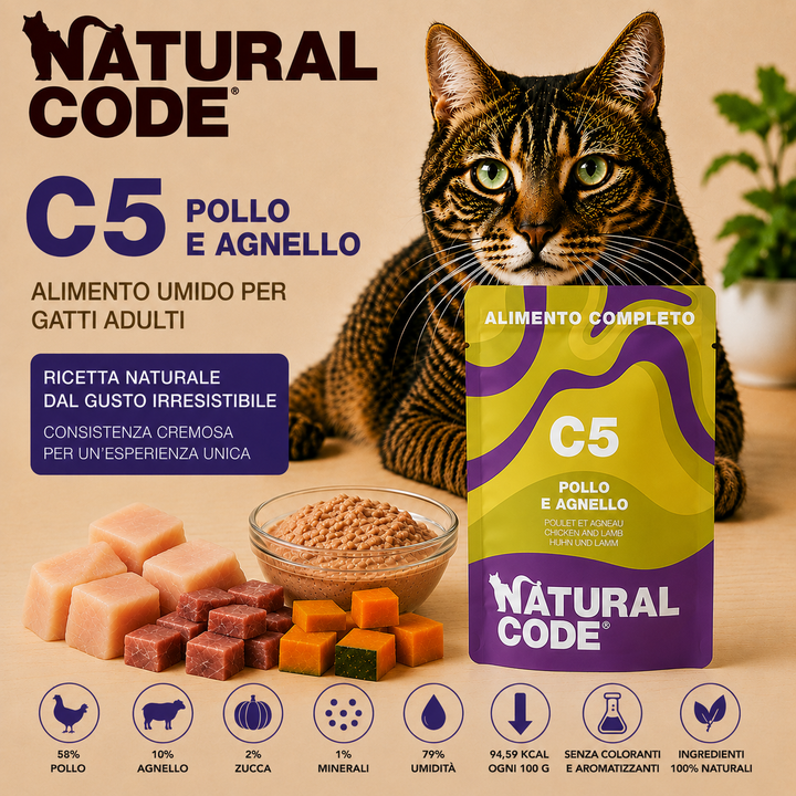 Natural Code C05 Pollo e Agnello alimento umido completo per gatti adulti bustina da 70 g con pollo, agnello e zucca disponibile su Partenopet.