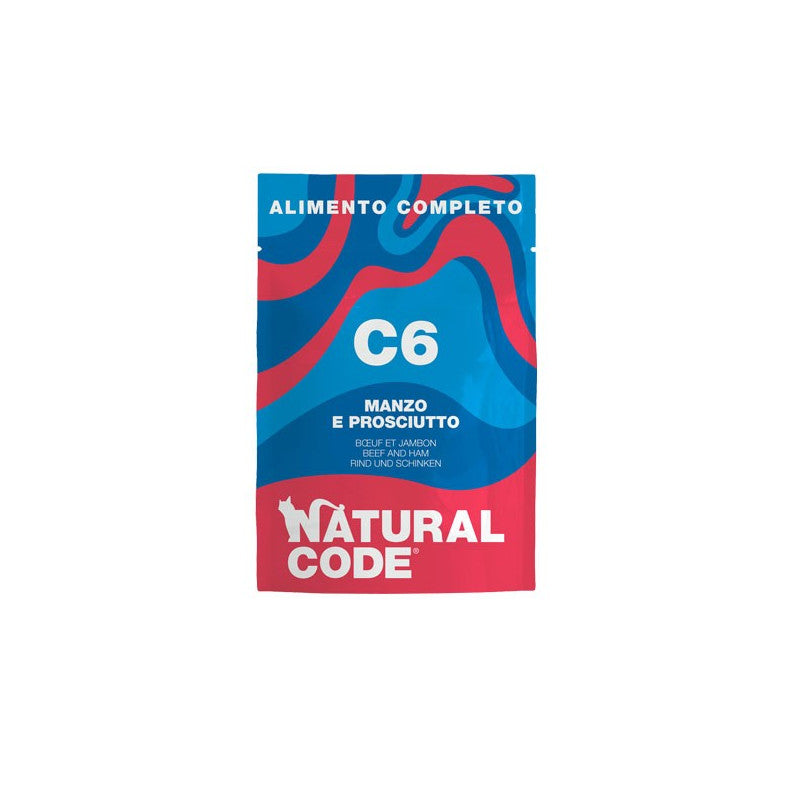 Natural Code C06 Manzo e Prosciutto alimento umido completo per gatti adulti bustina 70 g con manzo, prosciutto e carote