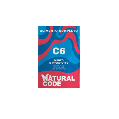 Natural Code C06 Manzo e Prosciutto alimento umido completo per gatti adulti bustina 70 g con manzo, prosciutto e carote