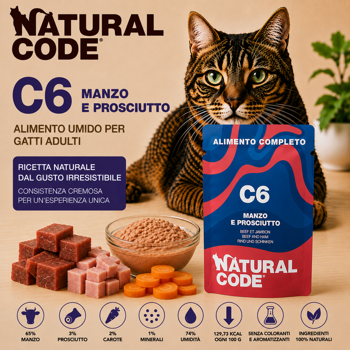 Natural Code C06 Manzo e Prosciutto alimento umido completo per gatti adulti bustina 70 g con manzo, prosciutto e carote