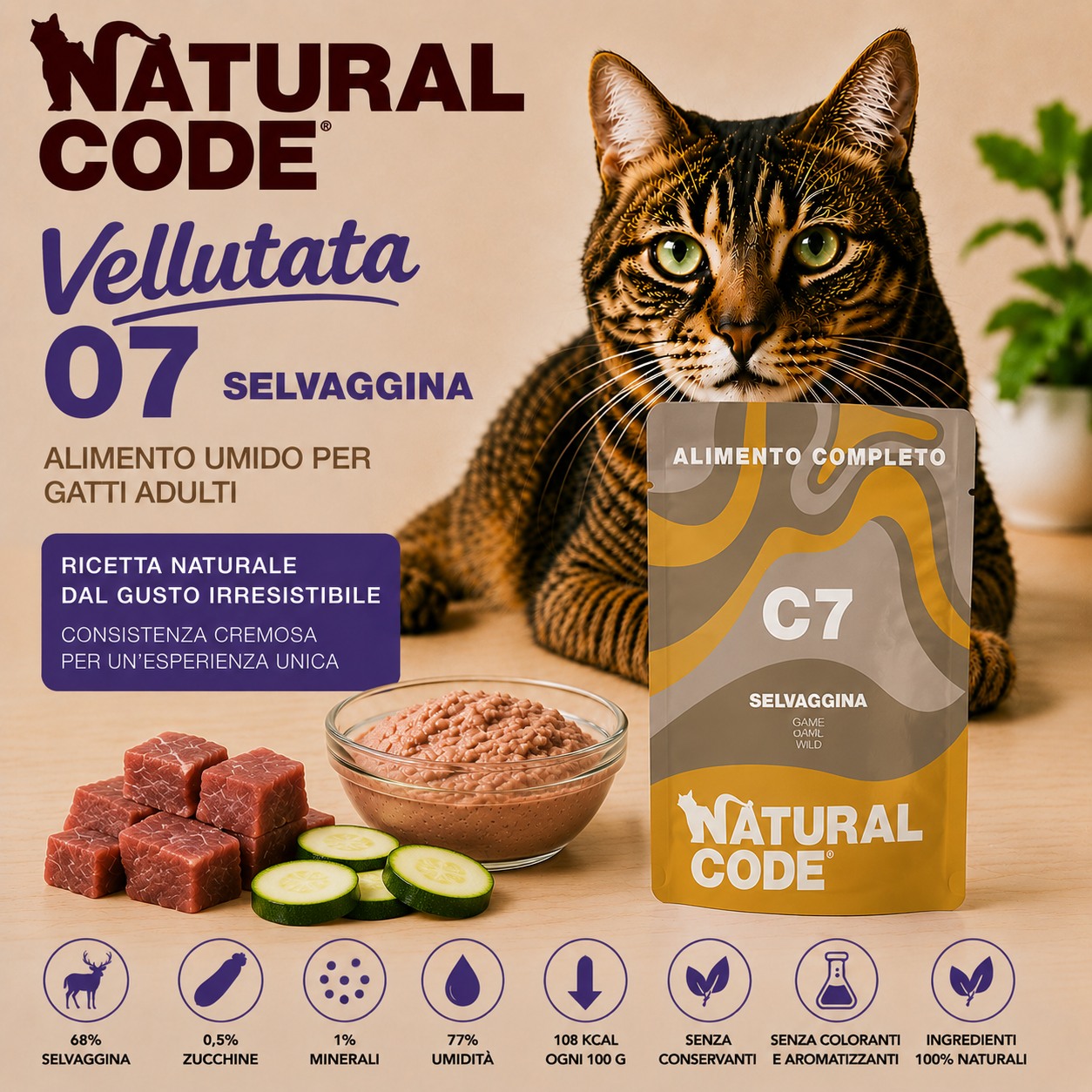 Natural Code C07 Selvaggina alimento umido completo per gatti adulti bustina 70 g con selvaggina e zucchine
