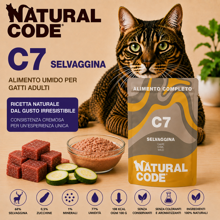 Natural Code C07 Selvaggina alimento umido completo per gatti adulti bustina 70 g con selvaggina e zucchine
