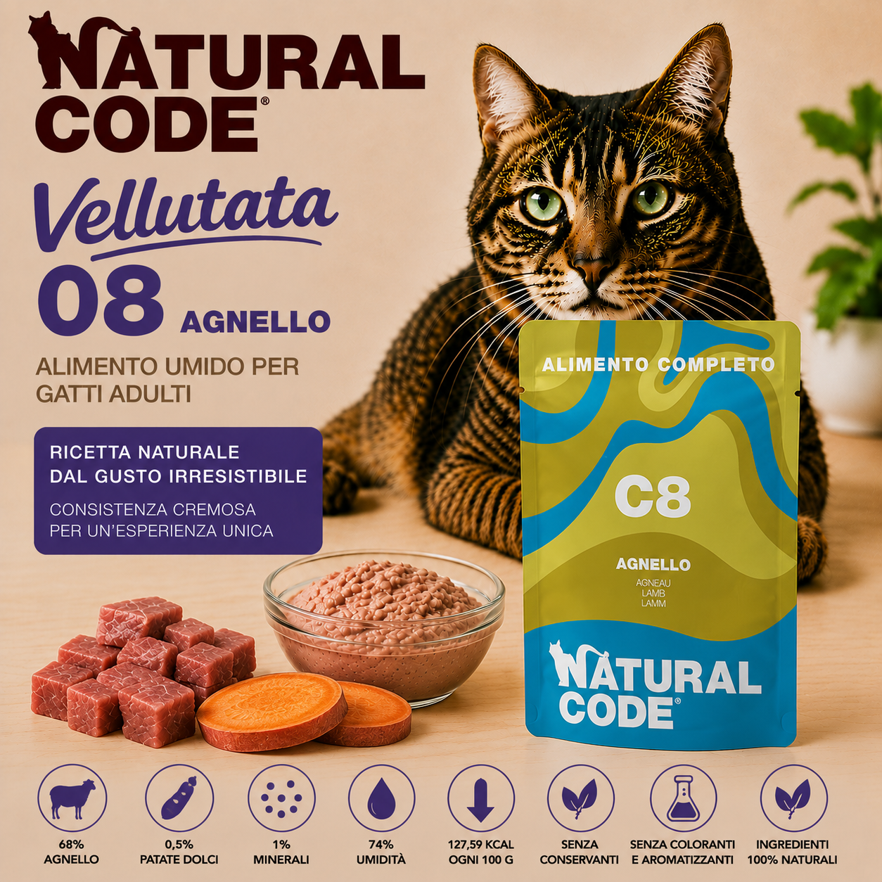 Natural Code C08 Agnello alimento umido completo per gatti adulti bustina 70 g con agnello e patate dolci