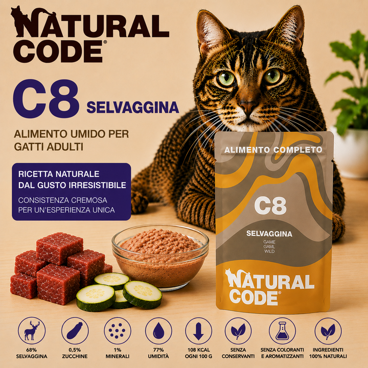 Natural Code C08 Agnello alimento umido completo per gatti adulti bustina 70 g con agnello e patate dolci