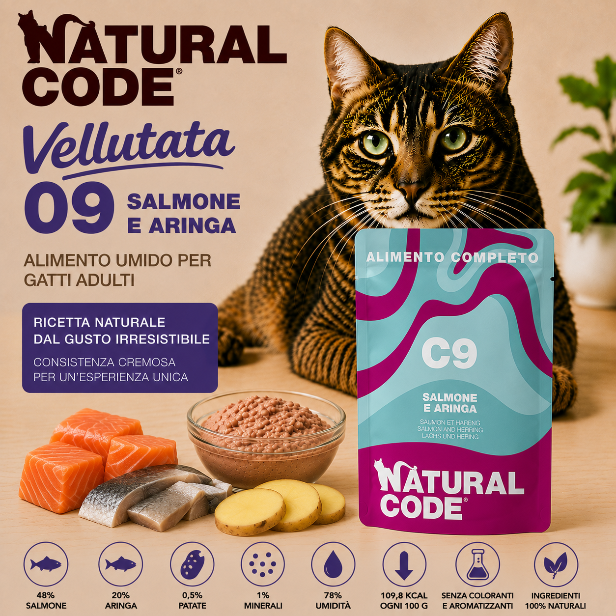 Natural Code C09 Salmone e Aringa alimento umido completo per gatti adulti 70 g con salmone, aringa e patate, ricco di Omega 3, grain free