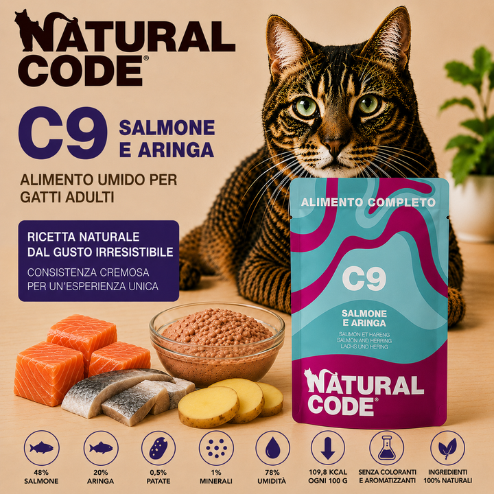 Natural Code C09 Salmone e Aringa alimento umido completo per gatti adulti 70 g con salmone, aringa e patate, ricco di Omega 3, grain free
