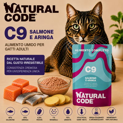 Natural Code C09 Salmone e Aringa alimento umido completo per gatti adulti 70 g con salmone, aringa e patate, ricco di Omega 3, grain free