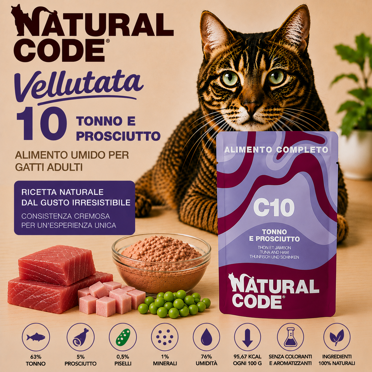 Natural Code C10 Tonno e Prosciutto alimento umido completo per gatti adulti 70 g con tonno, prosciutto e piselli, grain free ricco di Omega 3