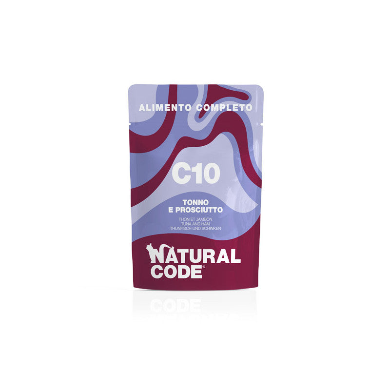 Natural Code C10 Tonno e Prosciutto alimento umido completo per gatti adulti 70 g con tonno, prosciutto e piselli, grain free ricco di Omega 3
