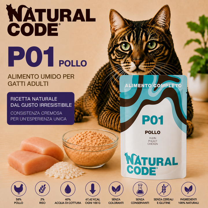 Natural Code P01 Pollo alimento umido complementare per gatti adulti in bustina da 70 g con 58% pollo e 2% riso disponibile su Partenopet