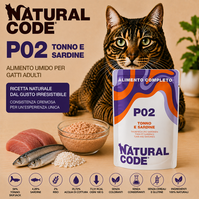 Natural Code P02 Tonno e Sardine alimento umido complementare per gatti adulti in bustina da 70 g con tonno Skipjack, sardine ricche di Omega 3 e riso disponibile su Partenopet
