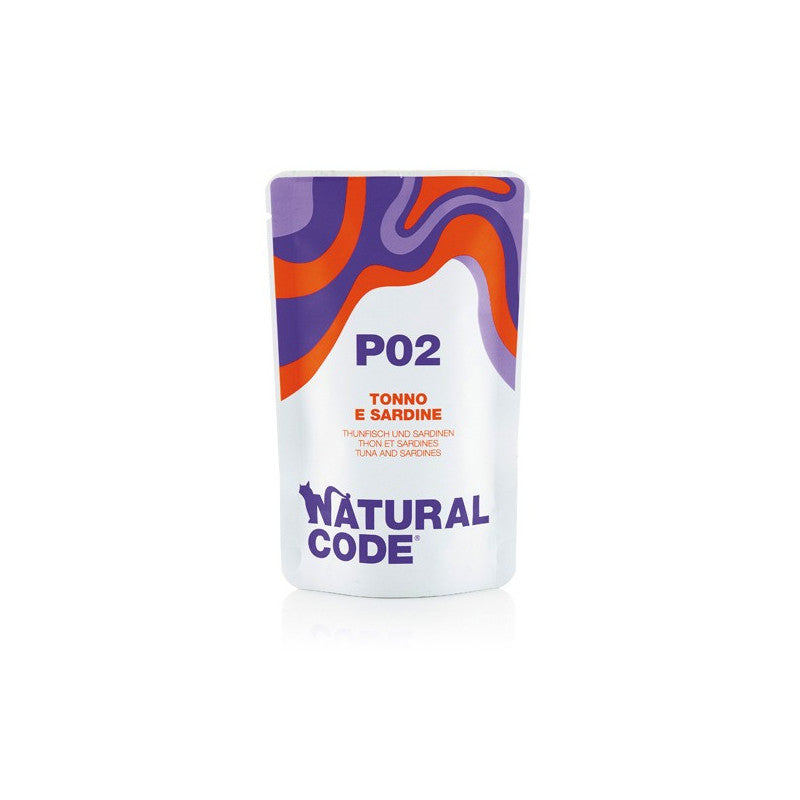 Natural Code P02 Tonno e Sardine alimento umido complementare per gatti adulti in bustina da 70 g con tonno Skipjack, sardine ricche di Omega 3 e riso disponibile su Partenopet