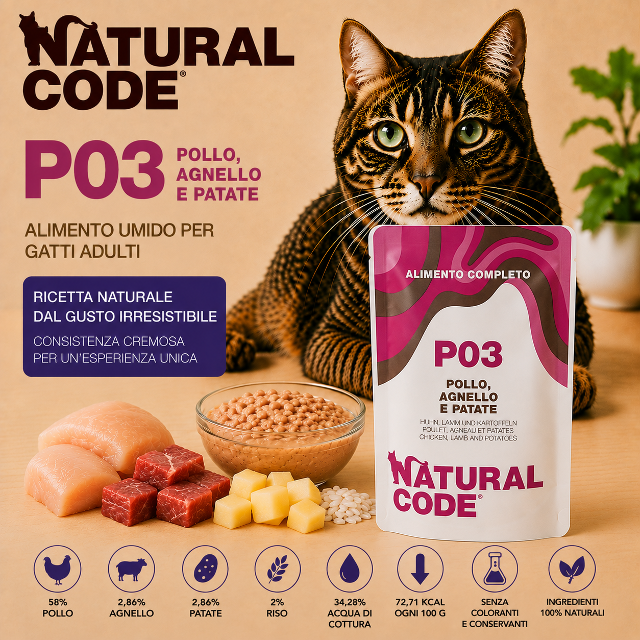 Natural Code P03 Pollo Agnello e Patate alimento umido per gatti adulti da 70 g con pollo, agnello, patate e riso, ricetta naturale in bustina.