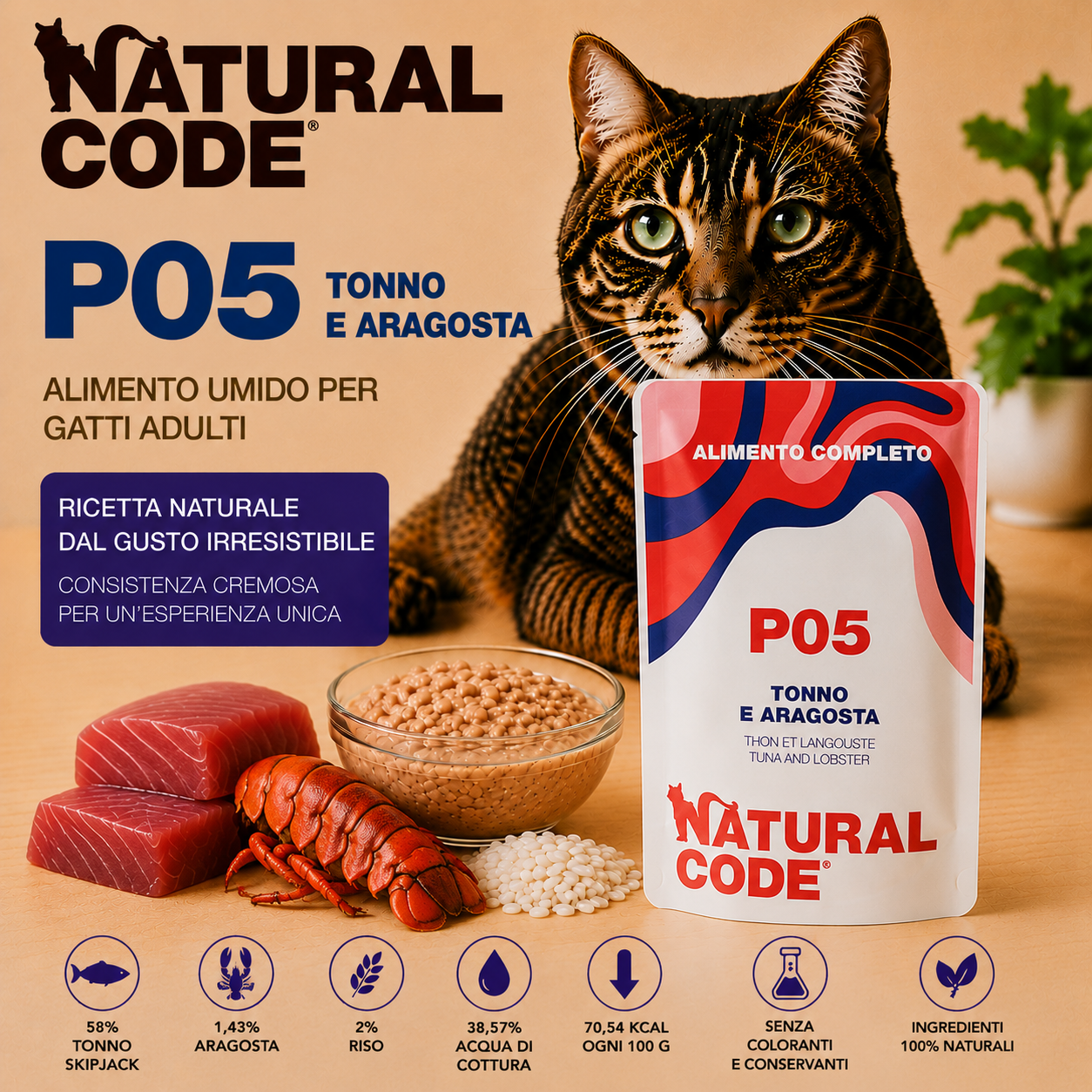 Natural Code P05 Tonno e Aragosta alimento umido completo per gatti adulti bustina da 70 g con tonno Skipjack, aragosta e riso