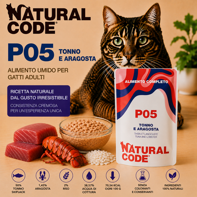 Natural Code P05 Tonno e Aragosta alimento umido completo per gatti adulti bustina da 70 g con tonno Skipjack, aragosta e riso