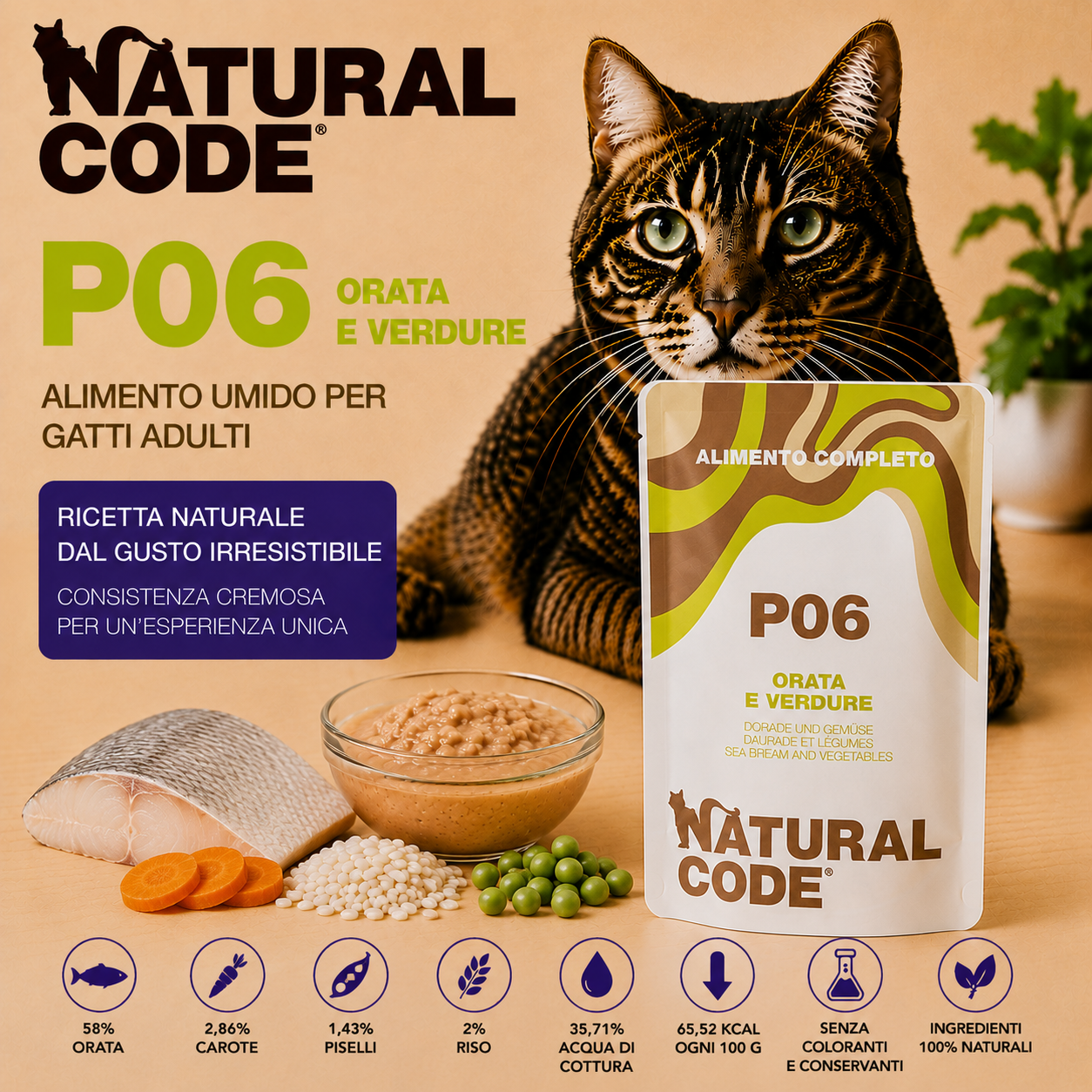 Natural Code P06 Orata e Verdure alimento umido completo per gatti adulti bustina da 70 g con orata, carote, piselli e riso