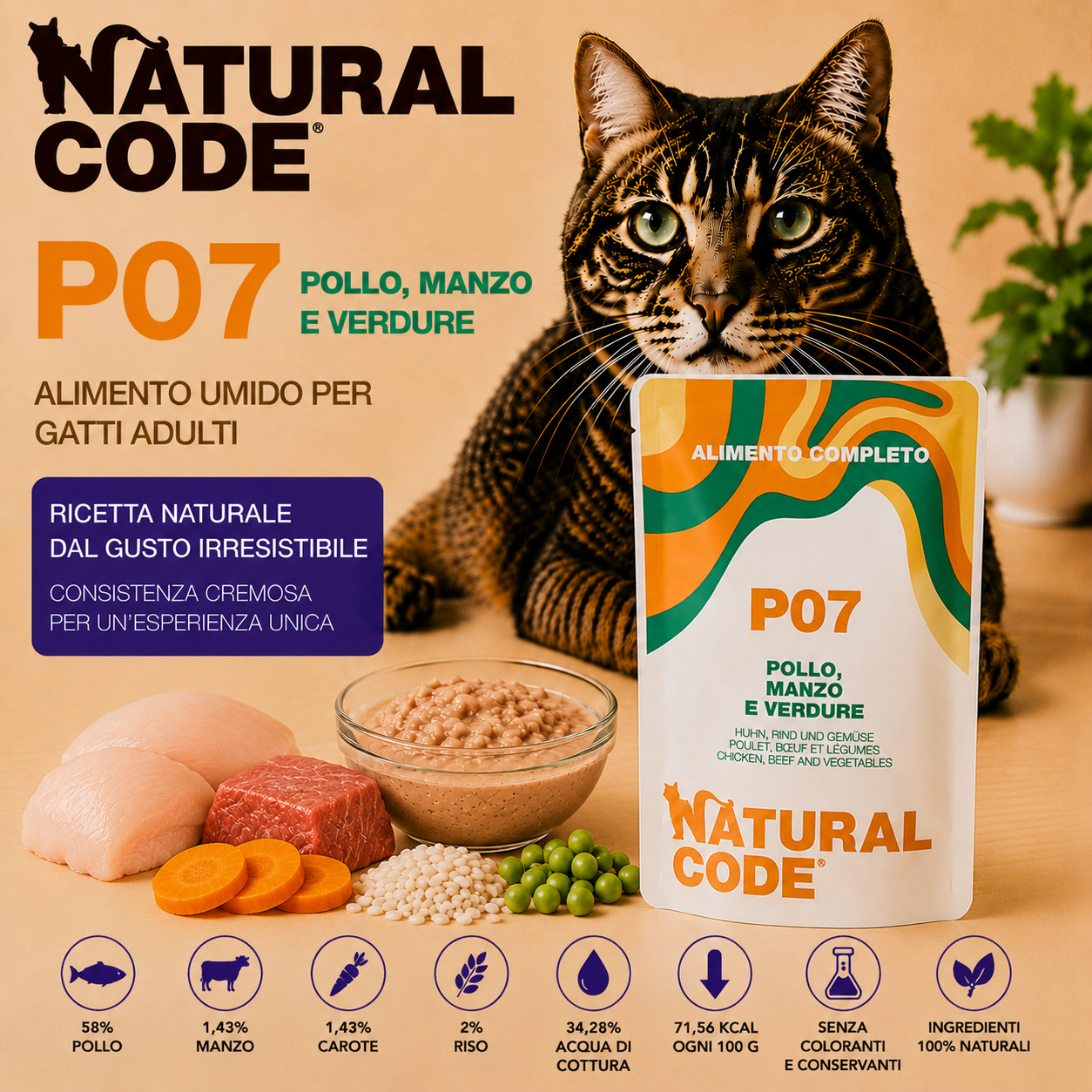 Natural Code P07 Pollo Manzo e Verdure alimento umido completo per gatti adulti bustina da 70 g con pollo, manzo, carote e riso