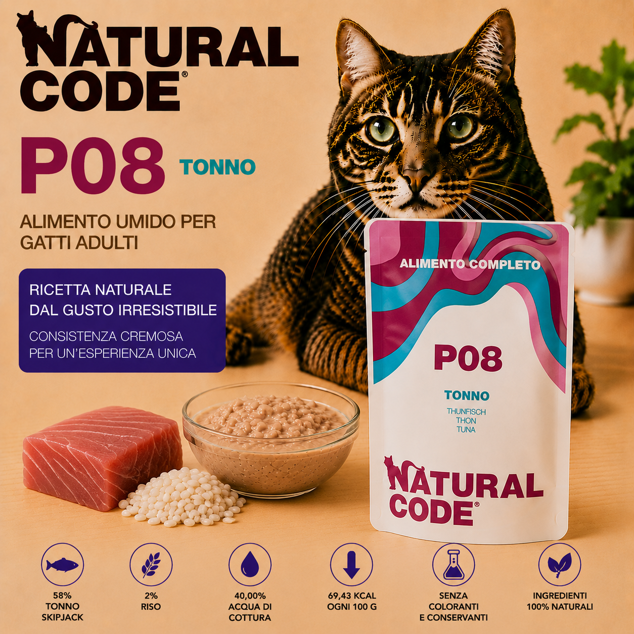 Natural Code P08 Tonno alimento umido completo per gatti adulti bustina da 70 g con 58% tonno Skipjack e riso, ricco di Omega 3