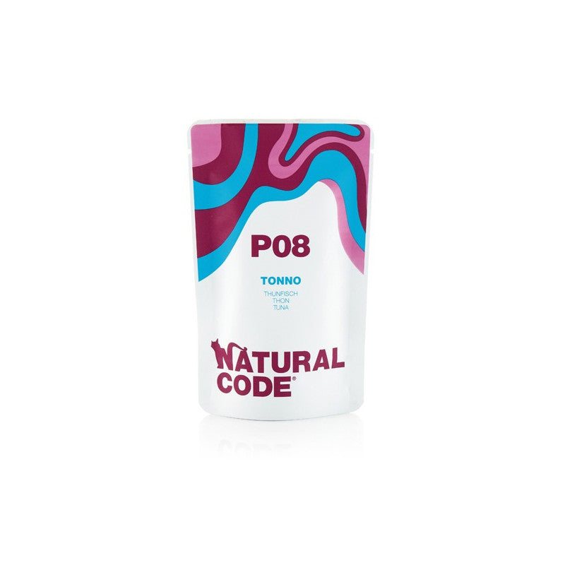 Natural Code P08 Tonno alimento umido completo per gatti adulti bustina da 70 g con 58% tonno Skipjack e riso, ricco di Omega 3
