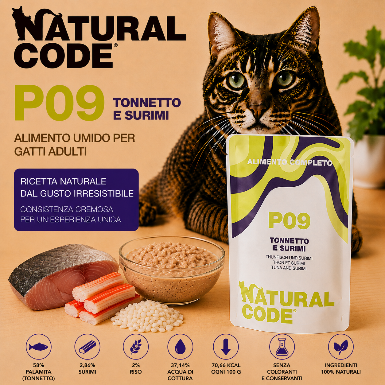 Natural Code P09 Tonnetto e Surimi alimento umido completo per gatti adulti bustina da 70 g con palamita, surimi e riso ricco di Omega 3
