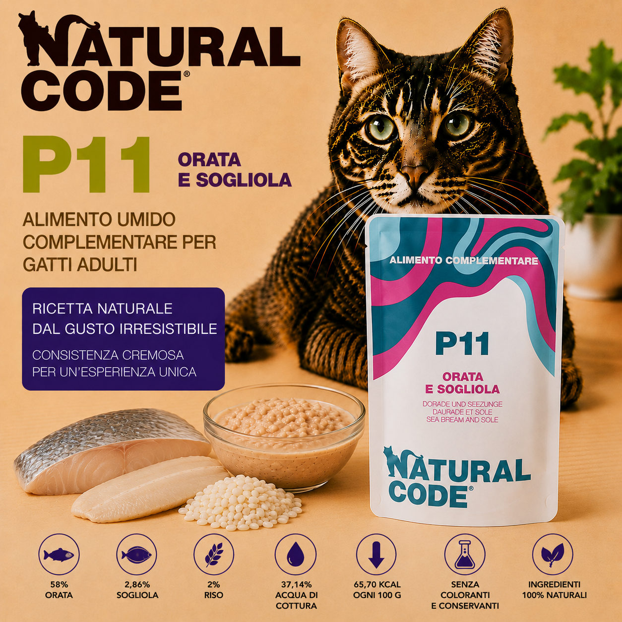 Natural Code P11 Orata e Sogliola alimento umido complementare per gatti adulti bustina da 70 g con orata, sogliola e riso.