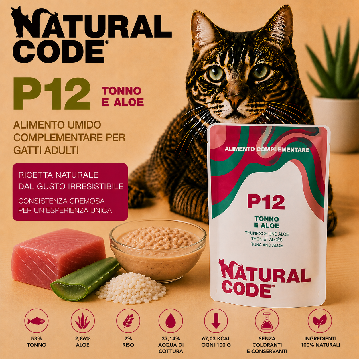 Natural Code P12 Tonno e Aloe alimento complementare per gatti adulti bustina da 70 g con 58% tonno, aloe e riso