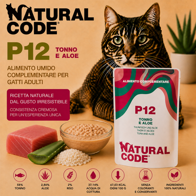 Natural Code P12 Tonno e Aloe alimento complementare per gatti adulti bustina da 70 g con 58% tonno, aloe e riso
