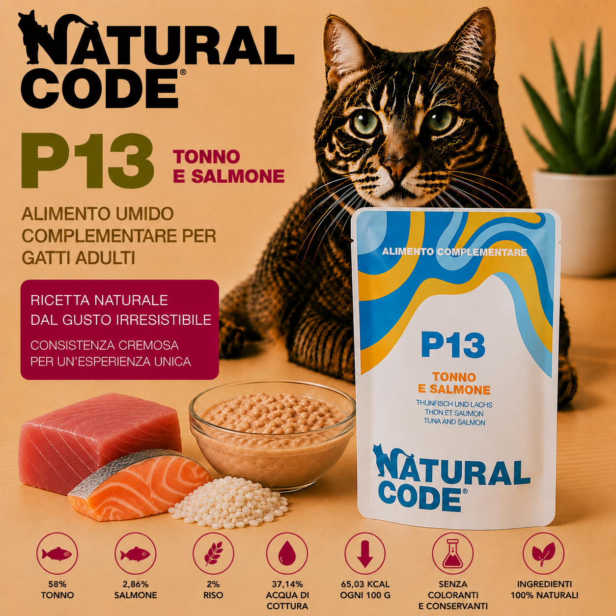 Natural Code P13 Tonno e Salmone alimento complementare per gatti adulti bustina da 70 g con tonno, salmone e riso