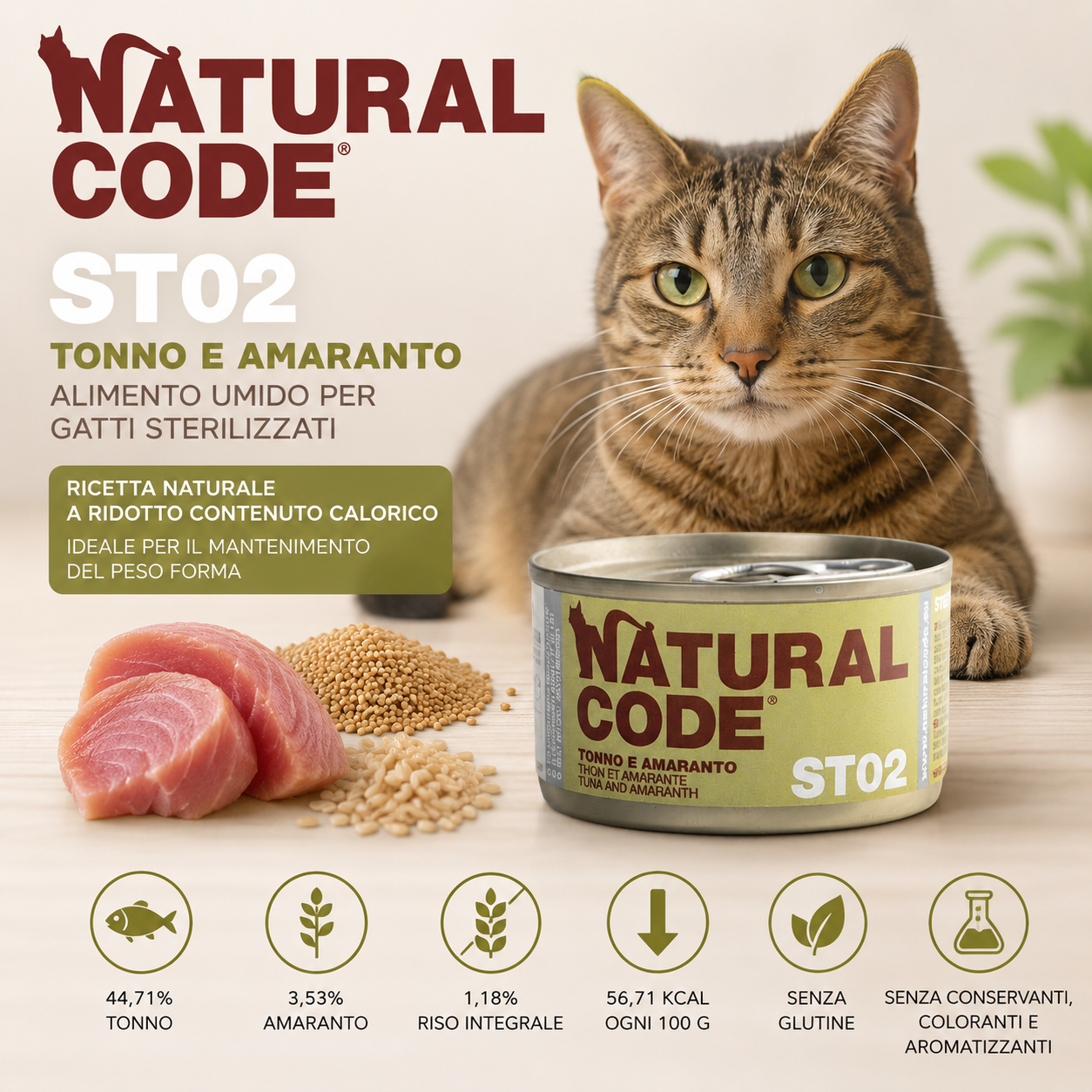 Natural Code ST02 Tonno e Amaranto alimento umido per gatti sterilizzati con tonno, amaranto e riso integrale