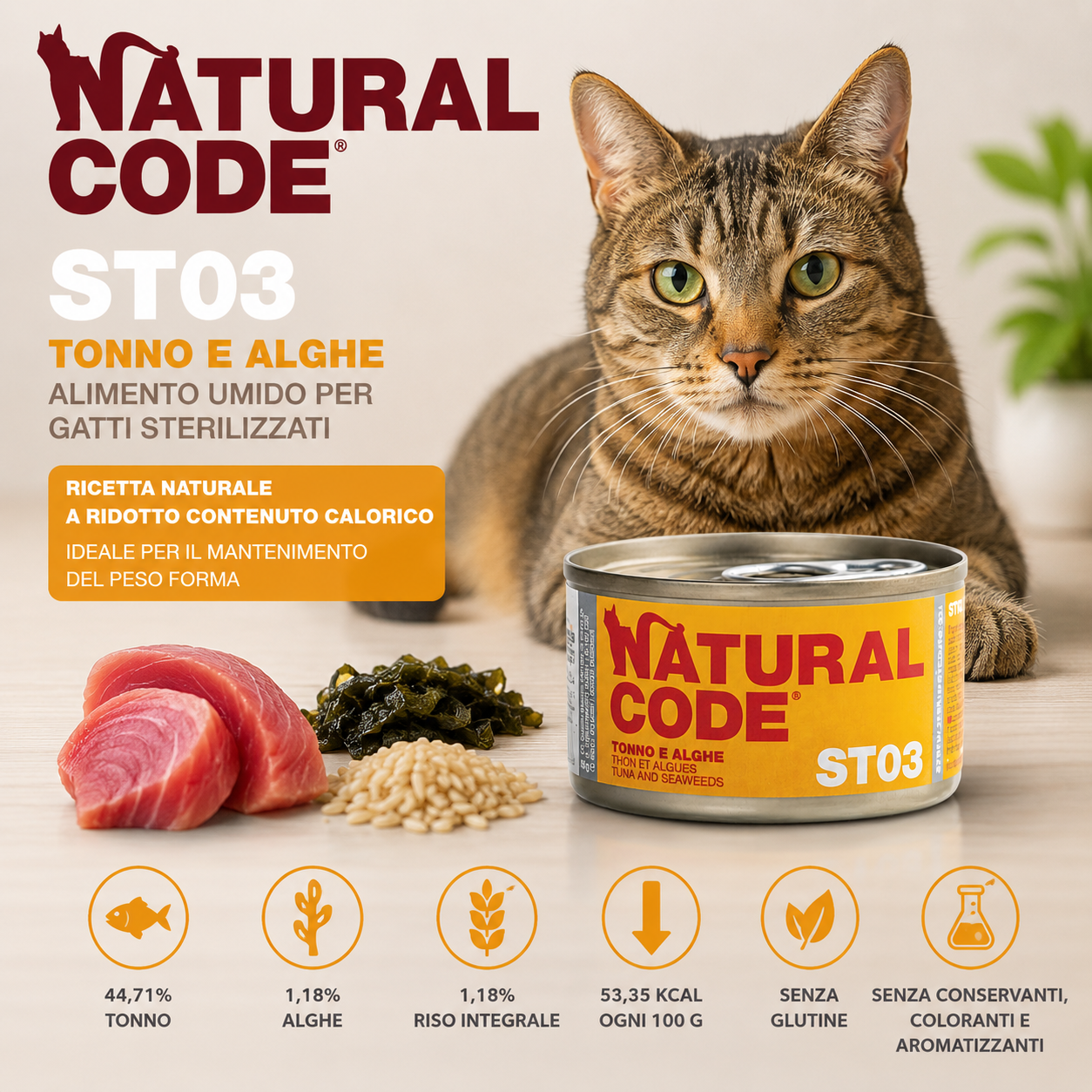 Natural Code ST03 Tonno e Alghe alimento umido per gatti sterilizzati con tonno, alghe marine e riso integrale