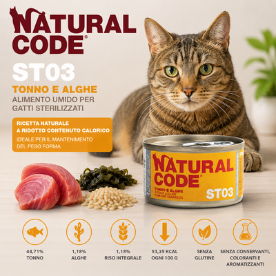 Natural Code ST03 Tonno e Alghe alimento umido per gatti sterilizzati con tonno, alghe marine e riso integrale