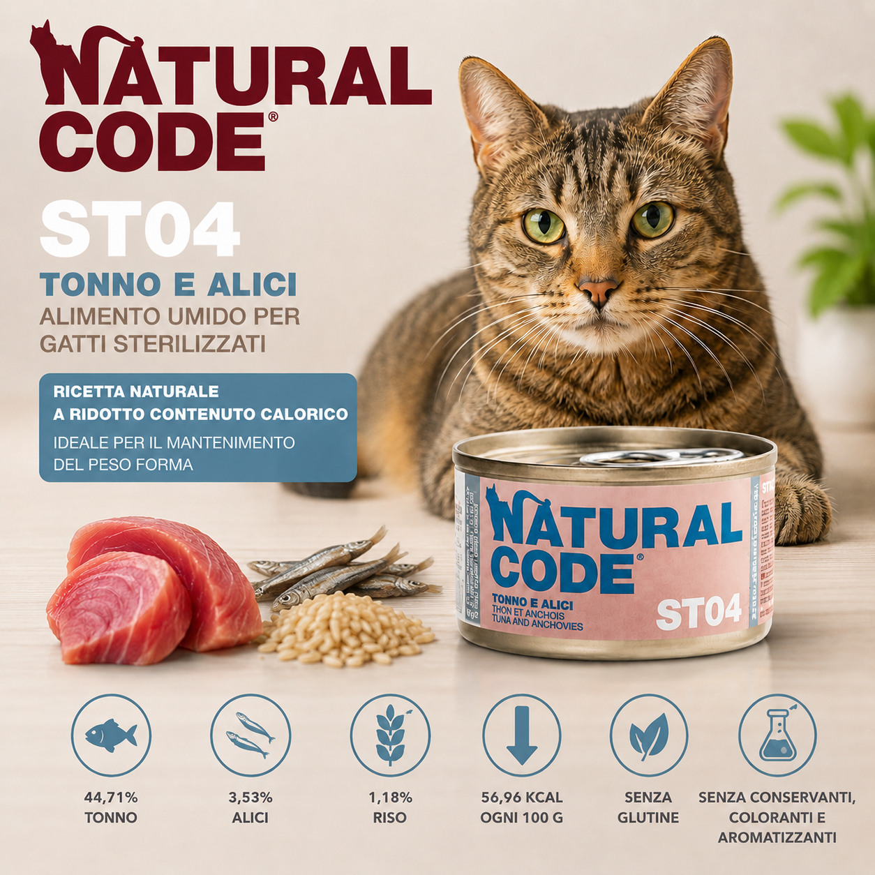Natural Code ST04 Tonno e Alici alimento umido per gatti sterilizzati con tonno, alici e riso