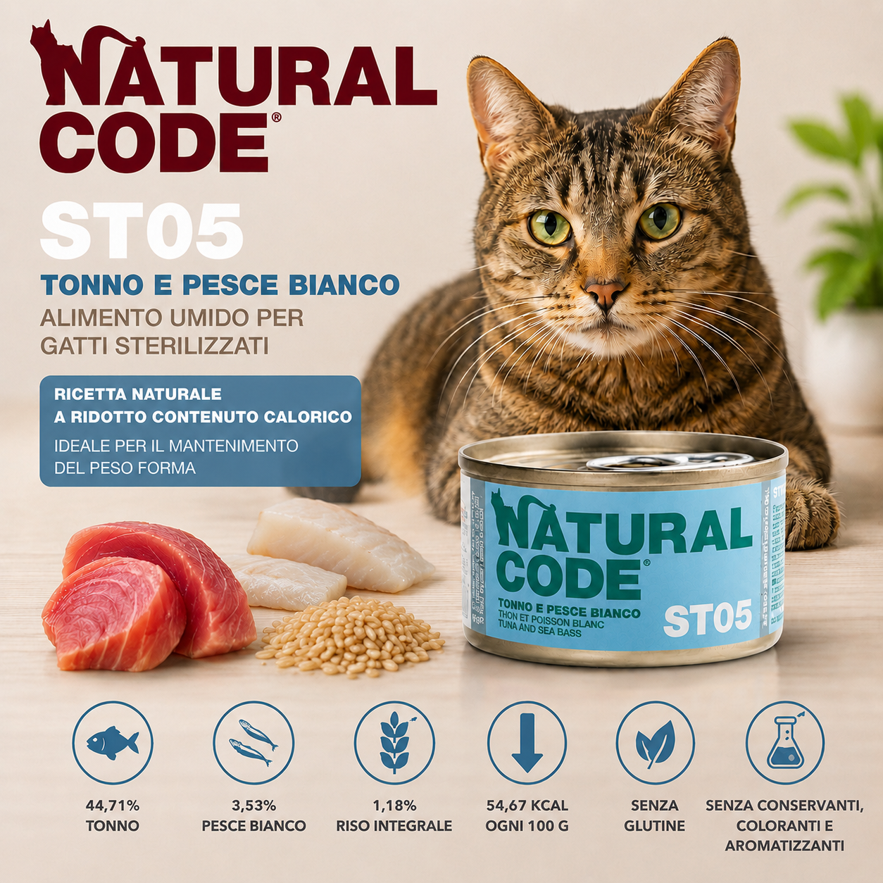 Natural Code ST05 Tonno e Pesce Bianco alimento umido complementare per gatti sterilizzati senza glutine con tonno e pesce bianco.