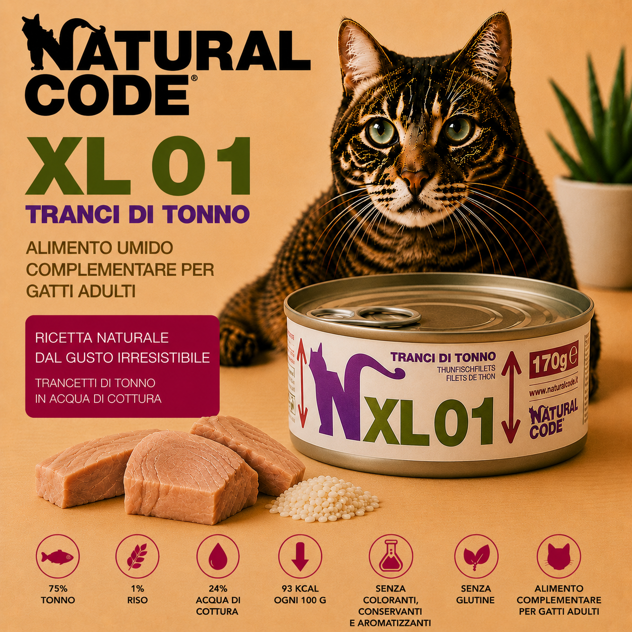 Natural Code XL01 Tranci di Tonno alimento complementare per gatti adulti in lattina da 170 g con 75% tonno e 1% riso.